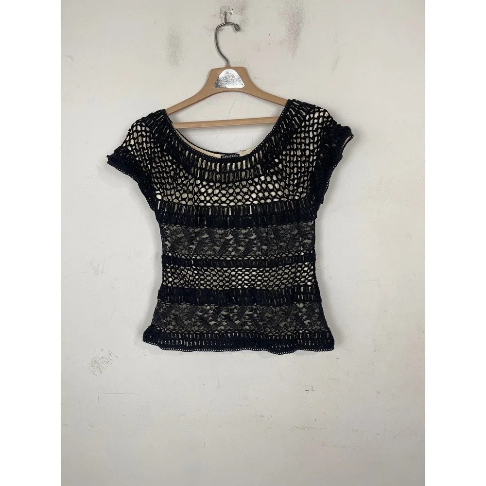 Black Crochet Short Sleeve Top - Unbranded